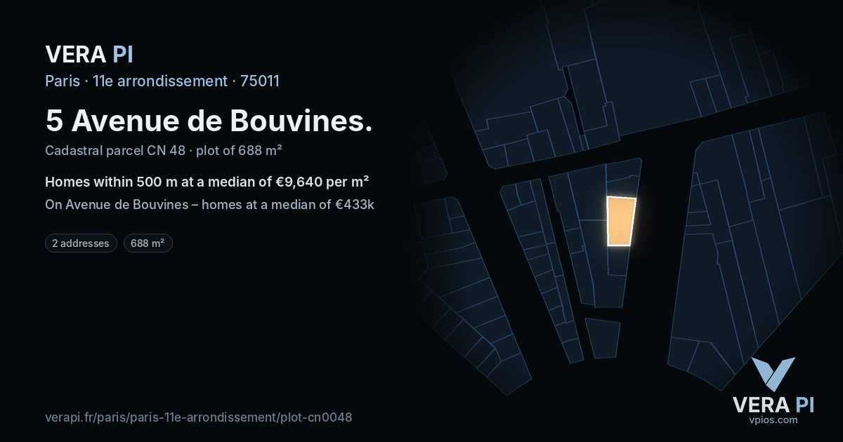 5 Avenue de Bouvines, 11e arrondissement at night – the plot lit, the parcels around coloured by the prices near them