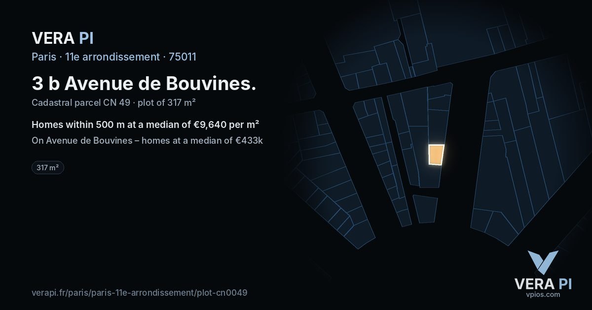 3 b Avenue de Bouvines, 11e arrondissement at night – the plot lit, the parcels around coloured by the prices near them