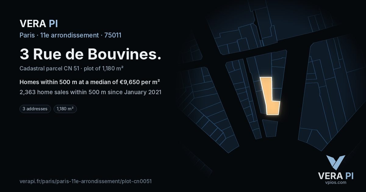 3 Rue de Bouvines, 11e arrondissement at night – the plot lit, the parcels around coloured by the prices near them
