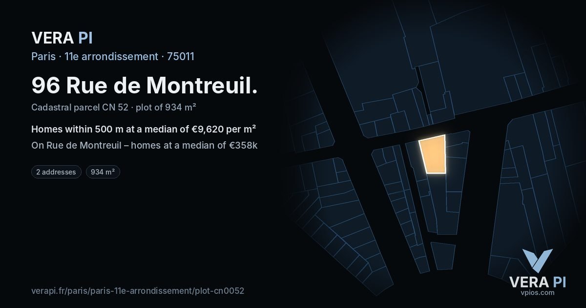 96 Rue de Montreuil, 11e arrondissement at night – the plot lit, the parcels around coloured by the prices near them