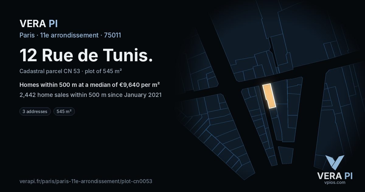 12 Rue de Tunis, 11e arrondissement at night – the plot lit, the parcels around coloured by the prices near them