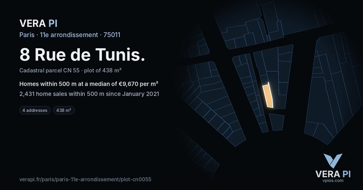 8 Rue de Tunis, 11e arrondissement at night – the plot lit, the parcels around coloured by the prices near them