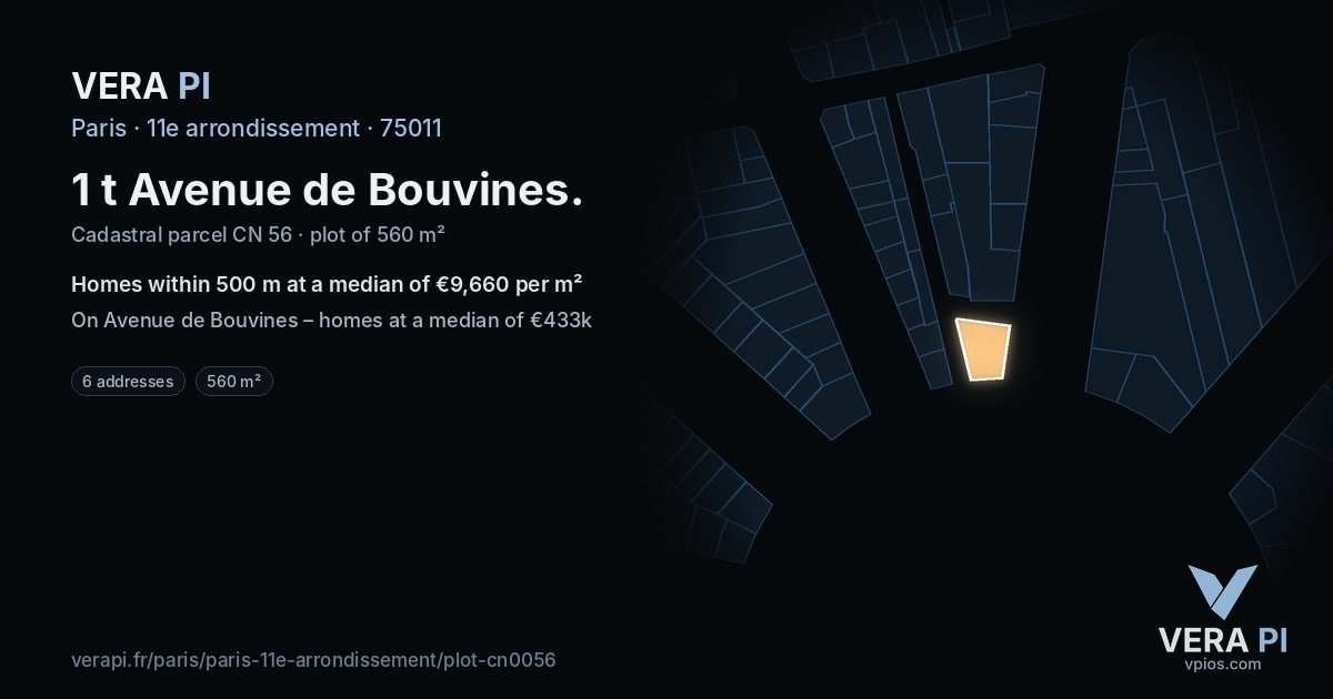 1 t Avenue de Bouvines, 11e arrondissement at night – the plot lit, the parcels around coloured by the prices near them