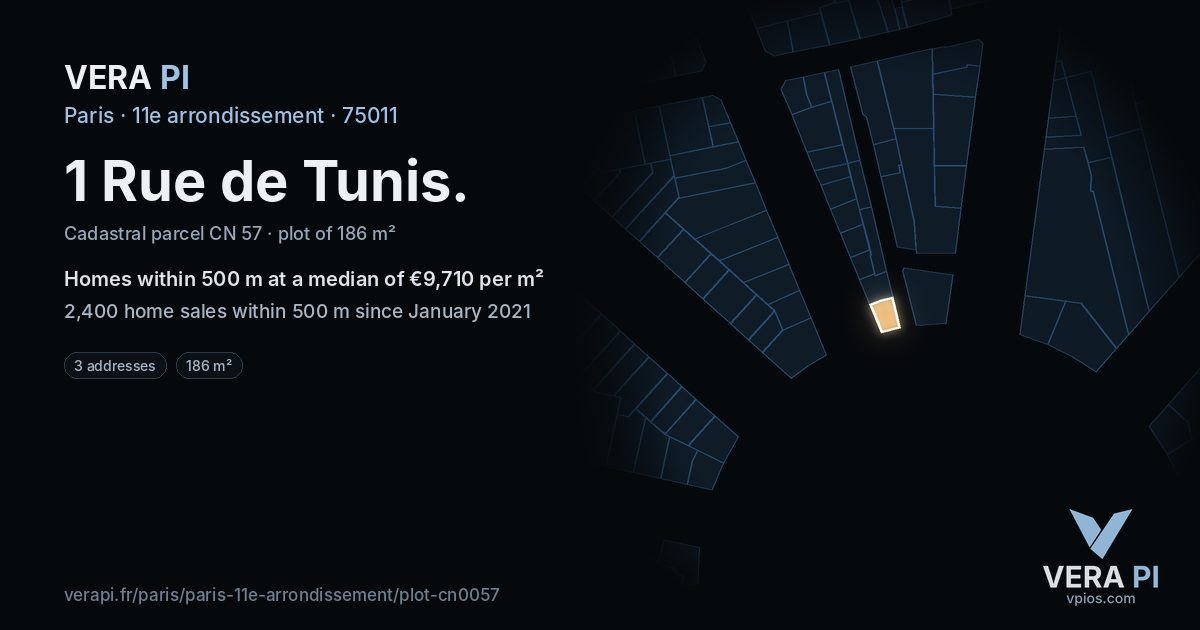 1 Rue de Tunis, 11e arrondissement at night – the plot lit, the parcels around coloured by the prices near them