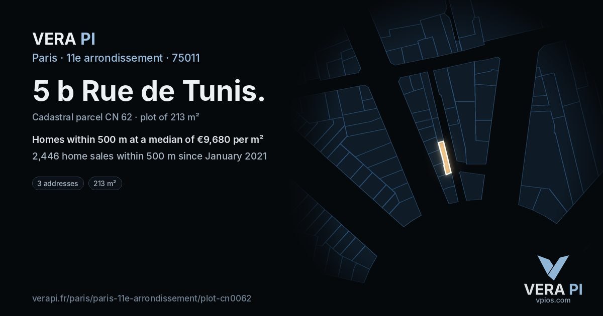 5 b Rue de Tunis, 11e arrondissement at night – the plot lit, the parcels around coloured by the prices near them