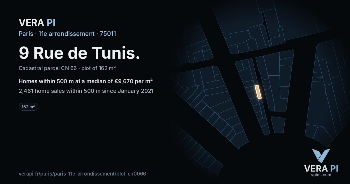 9 Rue de Tunis, 11e arrondissement at night – the plot lit, the parcels around coloured by the prices near them