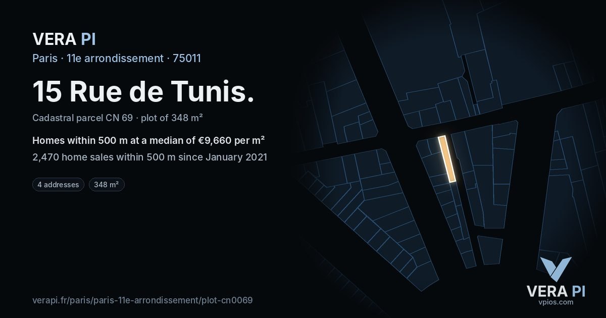 15 Rue de Tunis, 11e arrondissement at night – the plot lit, the parcels around coloured by the prices near them