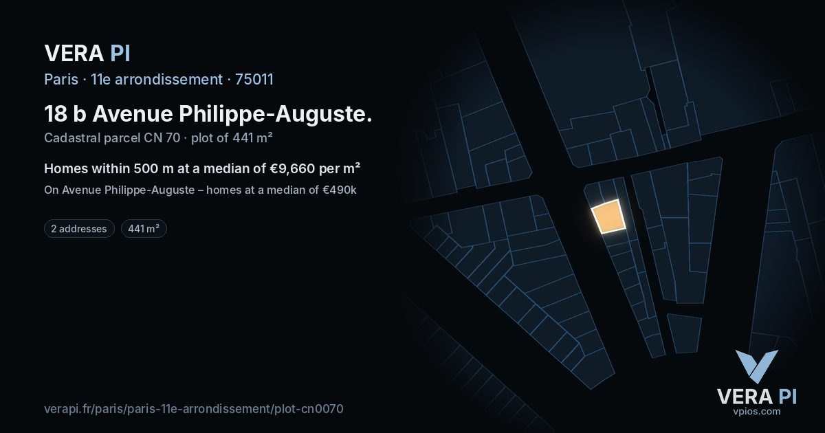 18 b Avenue Philippe-Auguste, 11e arrondissement at night – the plot lit, the parcels around coloured by the prices near them