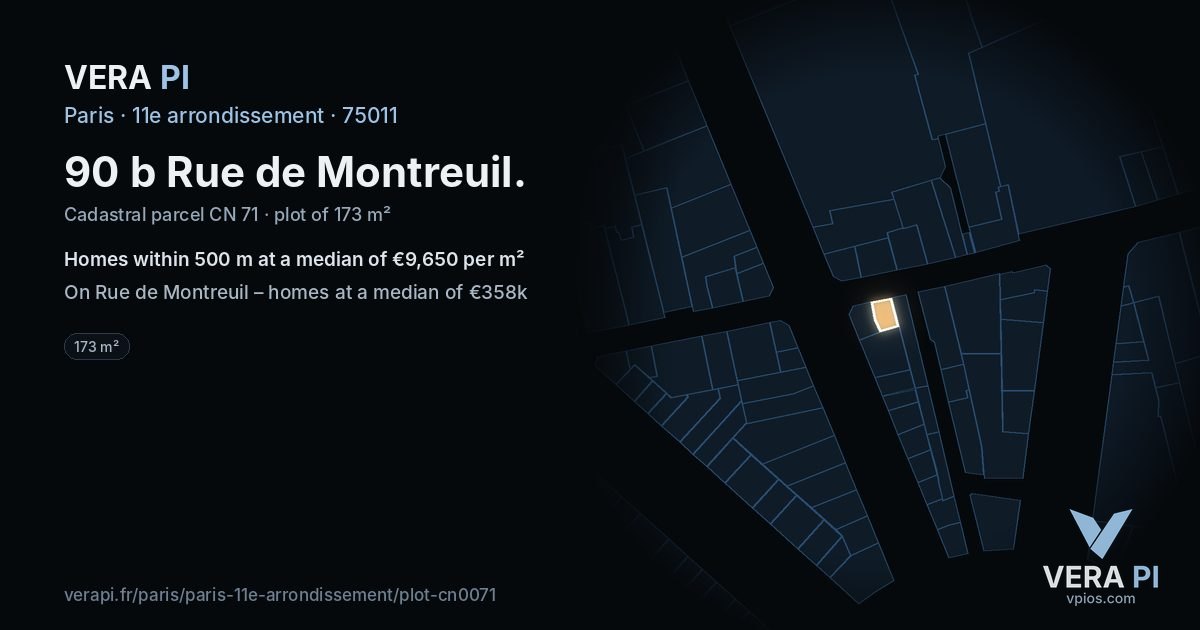 90 b Rue de Montreuil, 11e arrondissement at night – the plot lit, the parcels around coloured by the prices near them