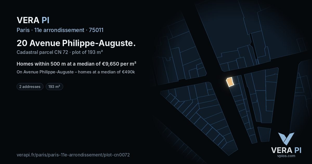 20 Avenue Philippe-Auguste, 11e arrondissement at night – the plot lit, the parcels around coloured by the prices near them