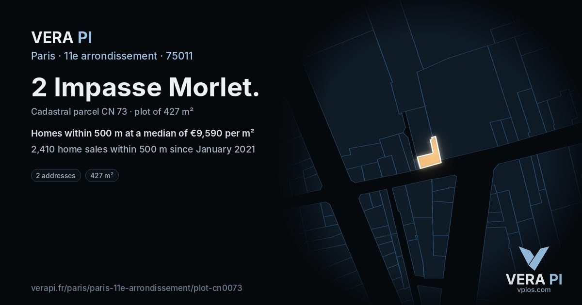 2 Impasse Morlet, 11e arrondissement at night – the plot lit, the parcels around coloured by the prices near them