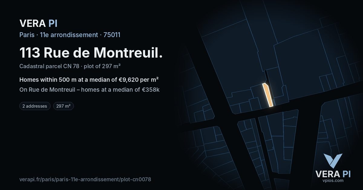 113 Rue de Montreuil, 11e arrondissement at night – the plot lit, the parcels around coloured by the prices near them