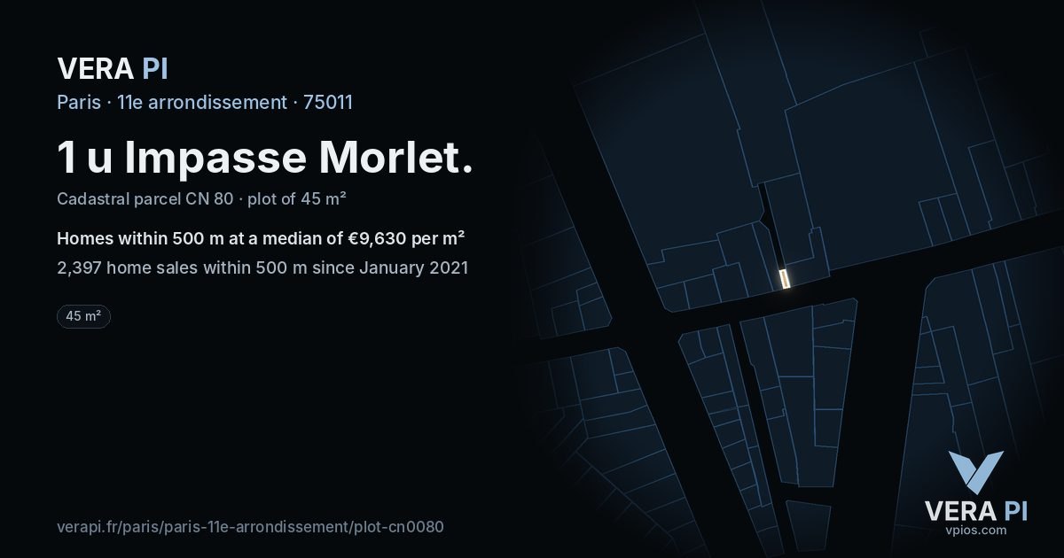 1 u Impasse Morlet, 11e arrondissement at night – the plot lit, the parcels around coloured by the prices near them