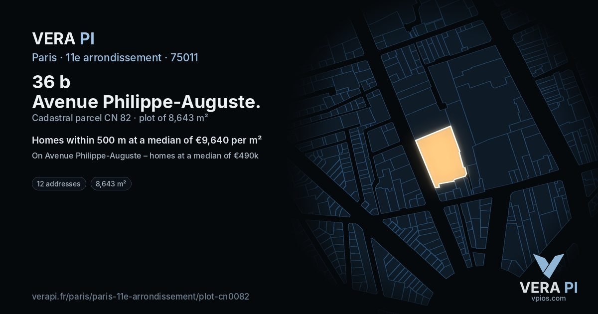 36 b Avenue Philippe-Auguste, 11e arrondissement at night – the plot lit, the parcels around coloured by the prices near them
