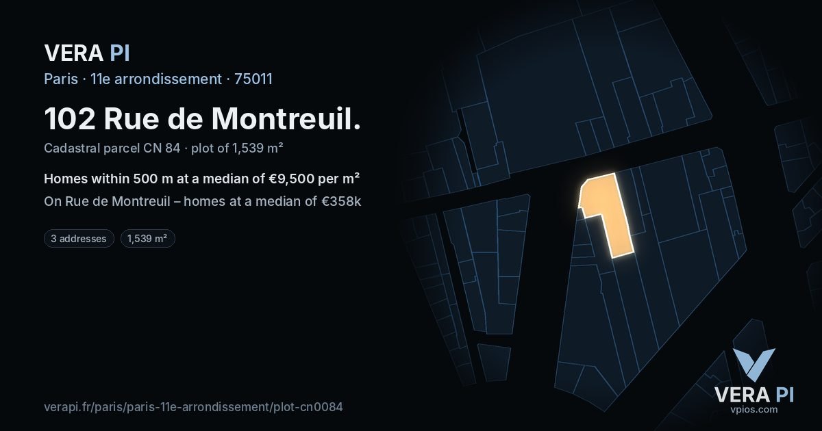 102 Rue de Montreuil, 11e arrondissement at night – the plot lit, the parcels around coloured by the prices near them