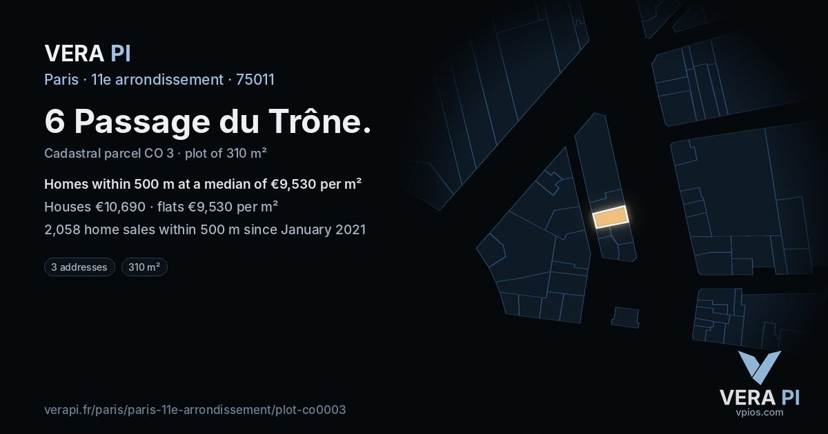 6 Passage du Trône, 11e arrondissement at night – the plot lit, the parcels around coloured by the prices near them