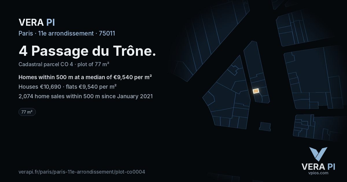 4 Passage du Trône, 11e arrondissement at night – the plot lit, the parcels around coloured by the prices near them