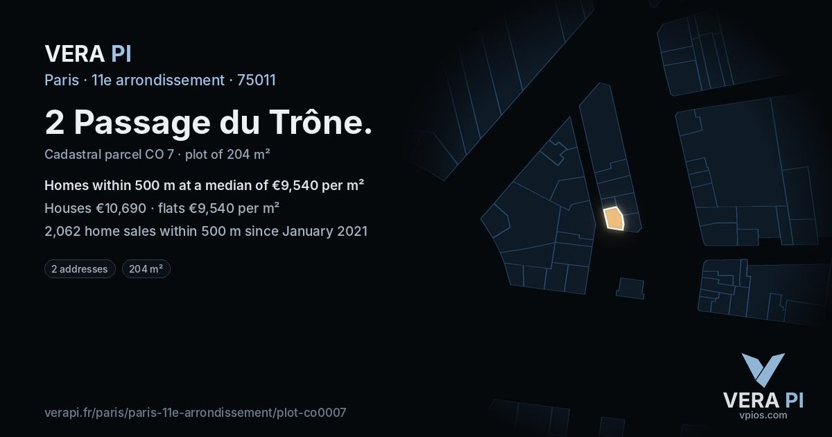 2 Passage du Trône, 11e arrondissement at night – the plot lit, the parcels around coloured by the prices near them