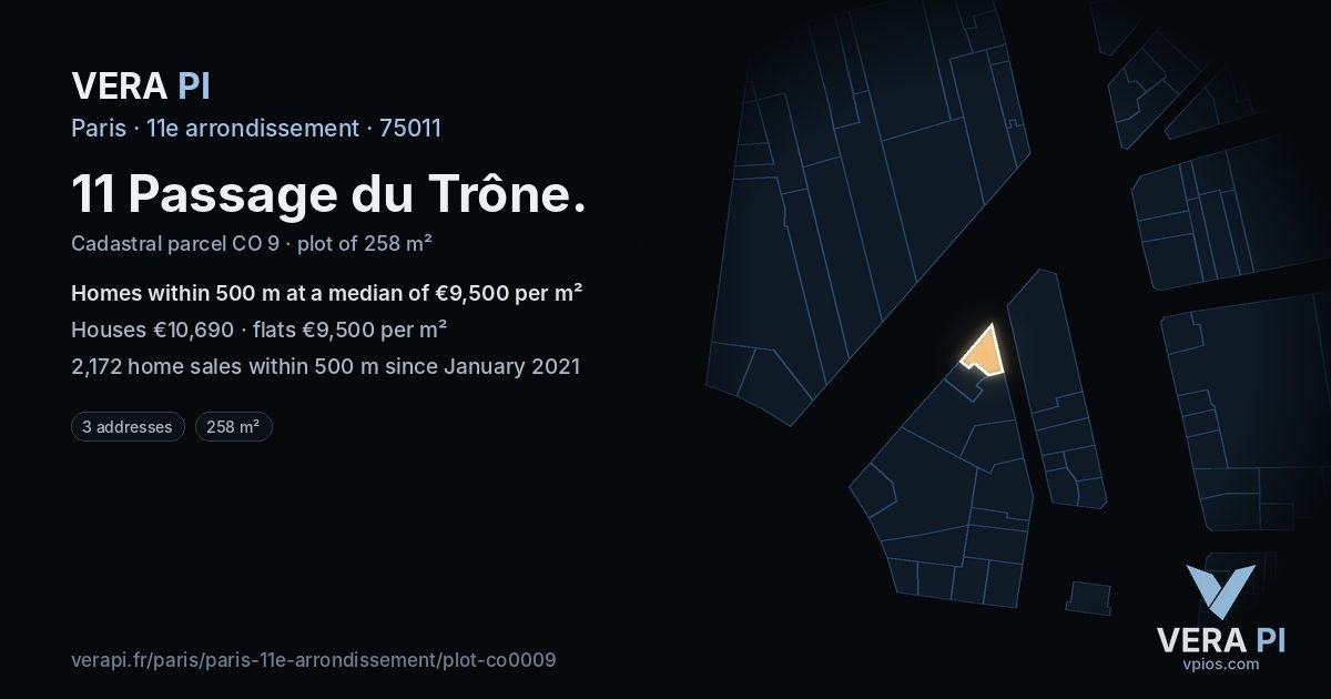 11 Passage du Trône, 11e arrondissement at night – the plot lit, the parcels around coloured by the prices near them