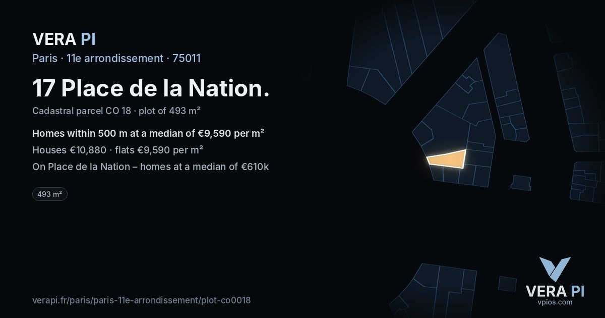 17 Place de la Nation, 11e arrondissement at night – the plot lit, the parcels around coloured by the prices near them