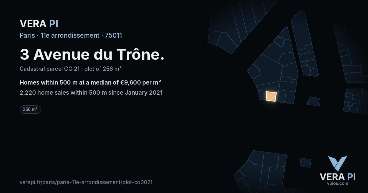 3 Avenue du Trône, 11e arrondissement at night – the plot lit, the parcels around coloured by the prices near them