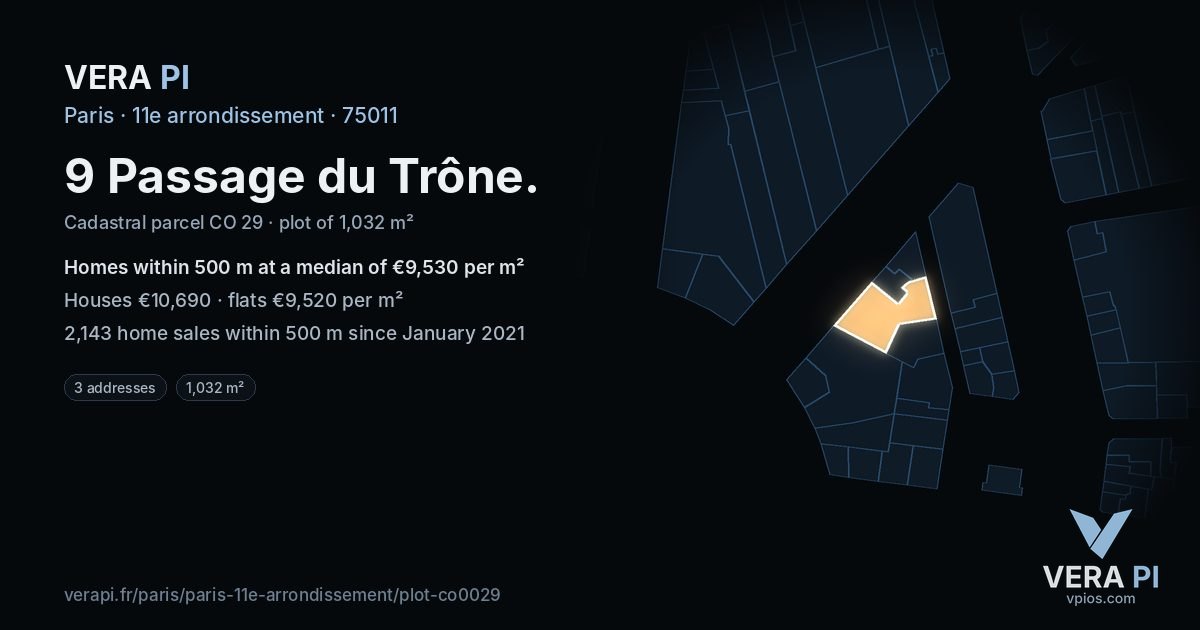 9 Passage du Trône, 11e arrondissement at night – the plot lit, the parcels around coloured by the prices near them