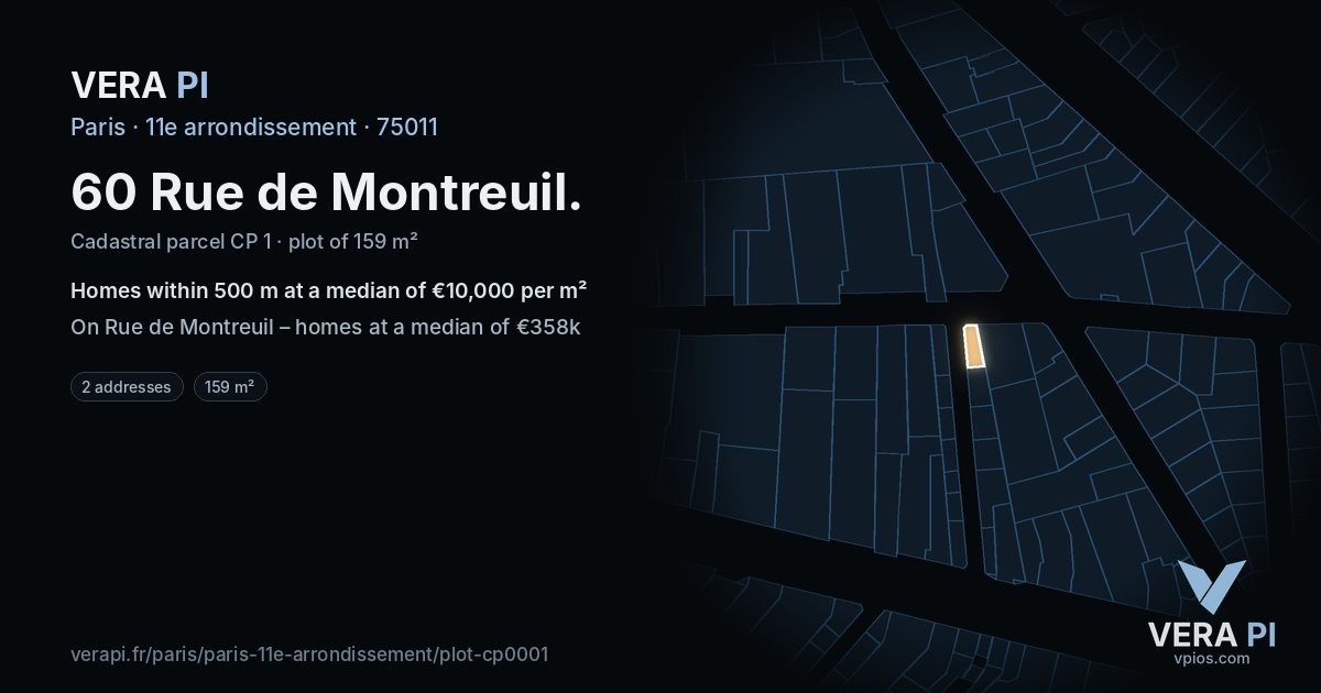 60 Rue de Montreuil, 11e arrondissement at night – the plot lit, the parcels around coloured by the prices near them