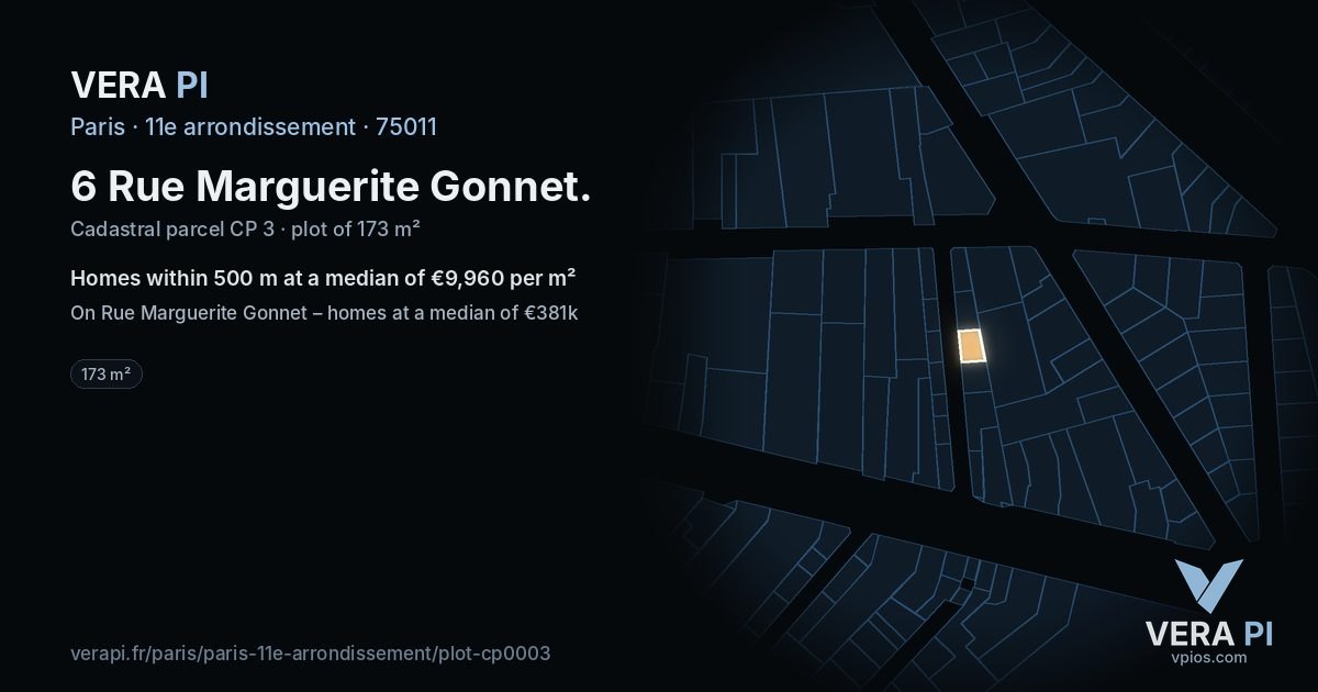 6 Rue Marguerite Gonnet, 11e arrondissement at night – the plot lit, the parcels around coloured by the prices near them
