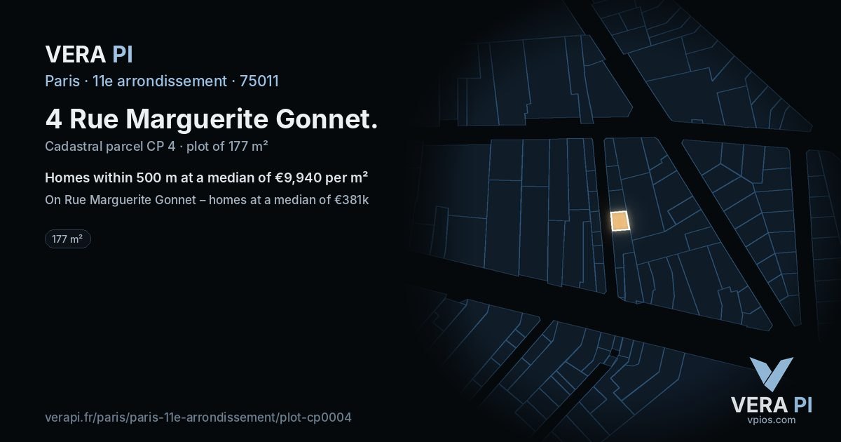 4 Rue Marguerite Gonnet, 11e arrondissement at night – the plot lit, the parcels around coloured by the prices near them