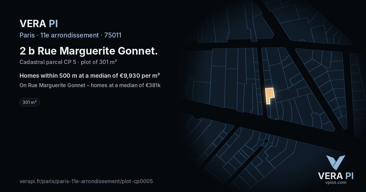 2 b Rue Marguerite Gonnet, 11e arrondissement at night – the plot lit, the parcels around coloured by the prices near them