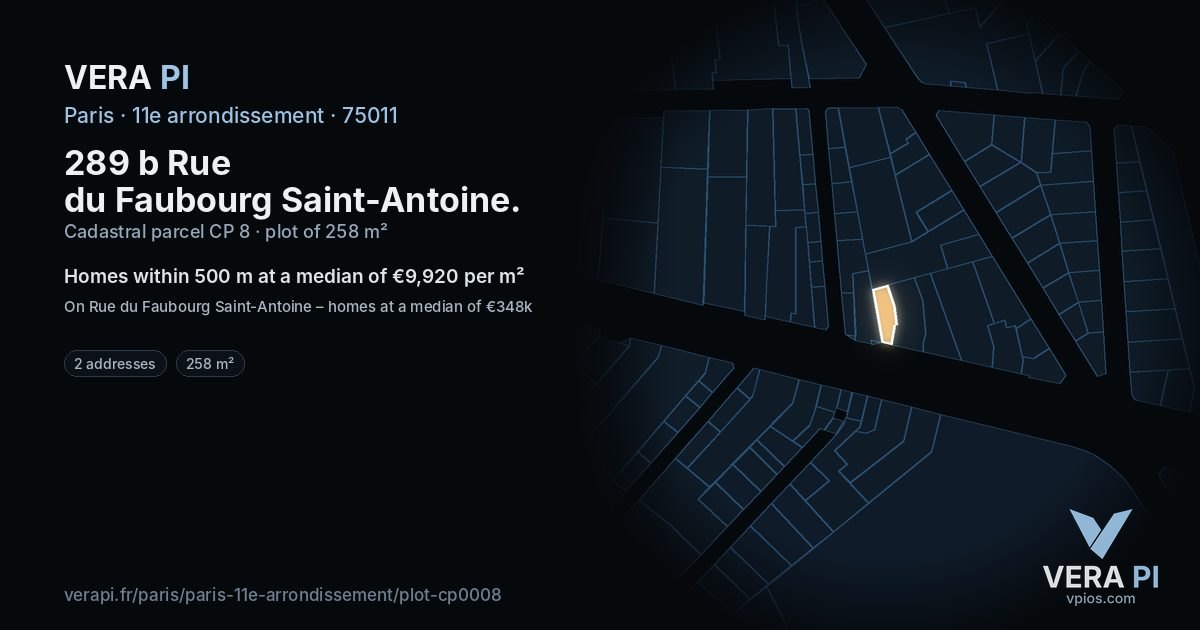 289 b Rue du Faubourg Saint-Antoine, 11e arrondissement at night – the plot lit, the parcels around coloured by the prices near them