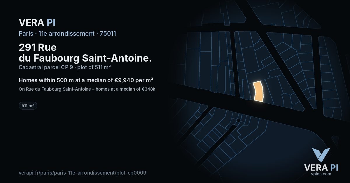291 Rue du Faubourg Saint-Antoine, 11e arrondissement at night – the plot lit, the parcels around coloured by the prices near them