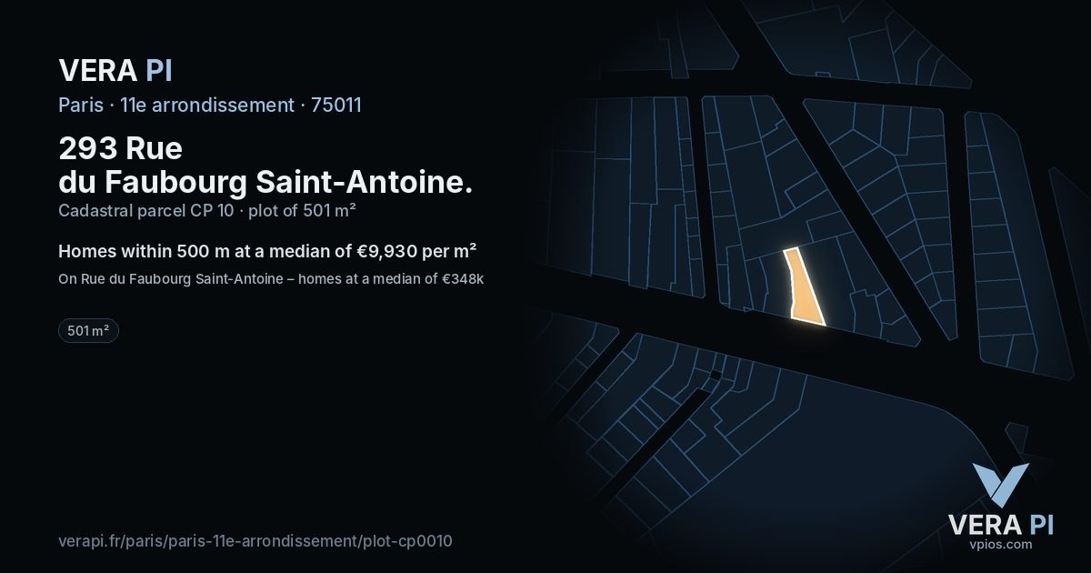 293 Rue du Faubourg Saint-Antoine, 11e arrondissement at night – the plot lit, the parcels around coloured by the prices near them