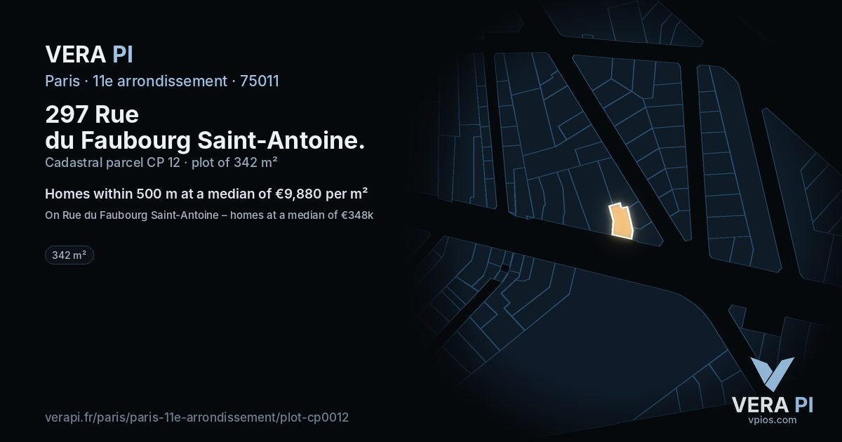 297 Rue du Faubourg Saint-Antoine, 11e arrondissement at night – the plot lit, the parcels around coloured by the prices near them