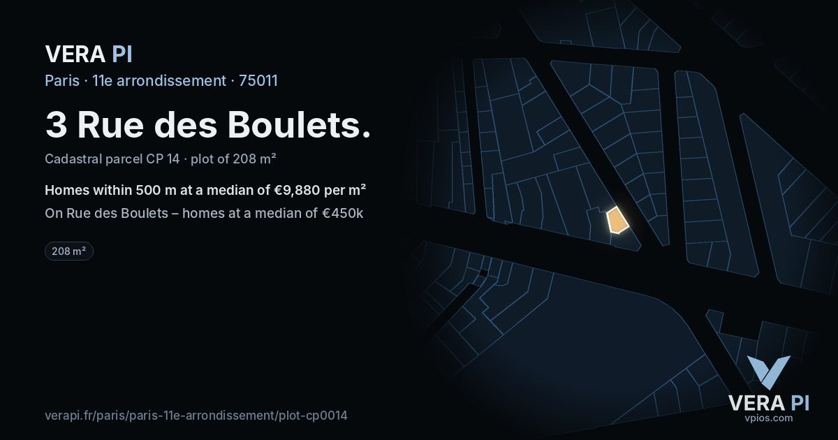 3 Rue des Boulets, 11e arrondissement at night – the plot lit, the parcels around coloured by the prices near them