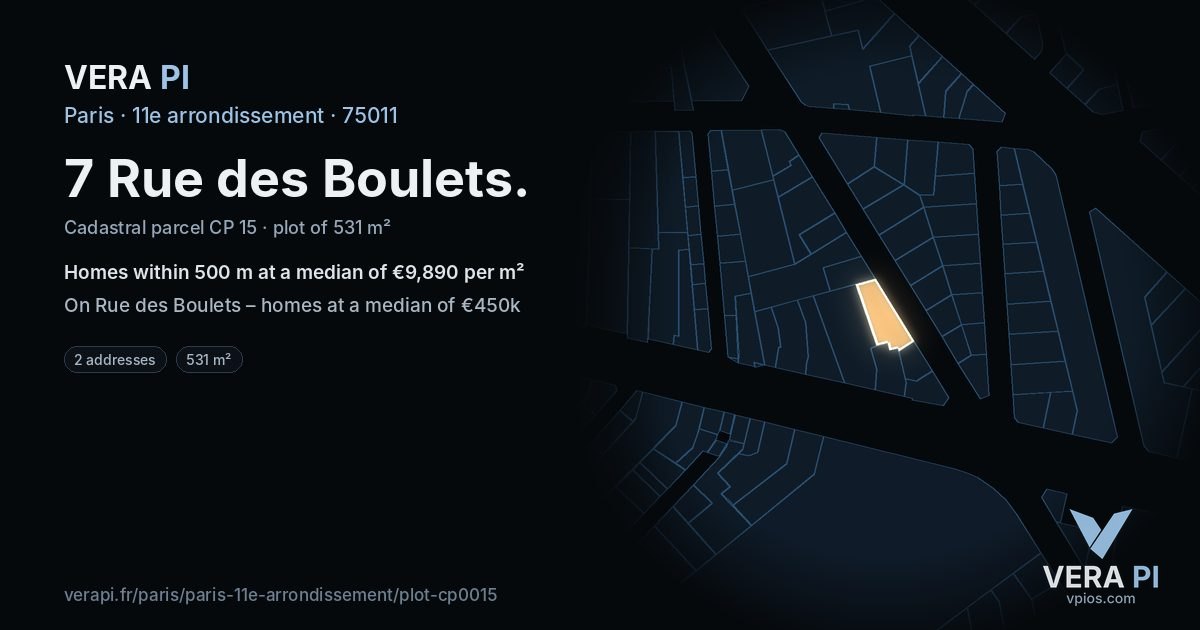 7 Rue des Boulets, 11e arrondissement at night – the plot lit, the parcels around coloured by the prices near them