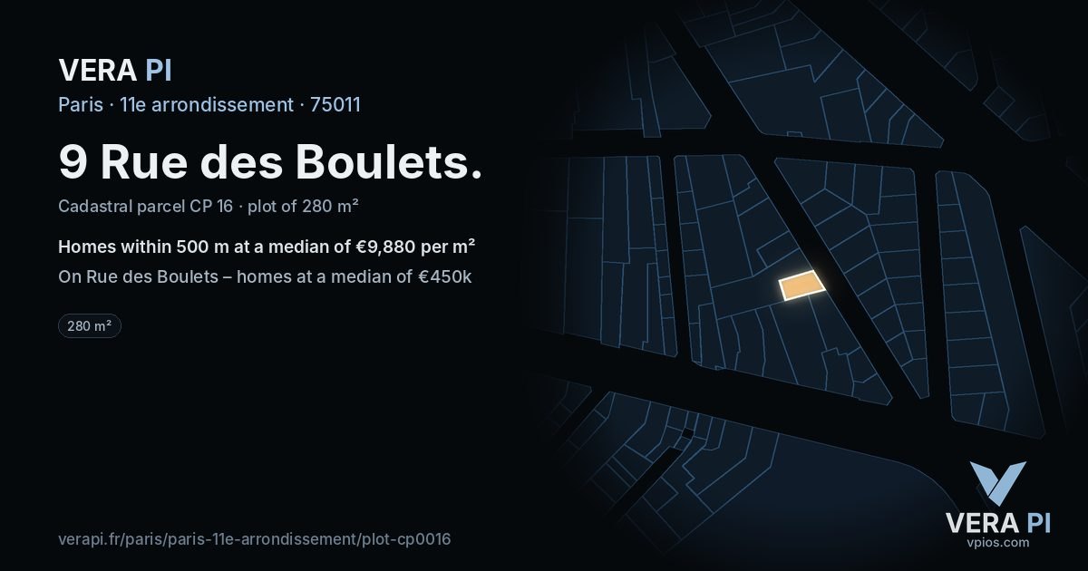 9 Rue des Boulets, 11e arrondissement at night – the plot lit, the parcels around coloured by the prices near them