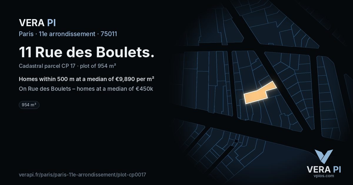 11 Rue des Boulets, 11e arrondissement at night – the plot lit, the parcels around coloured by the prices near them