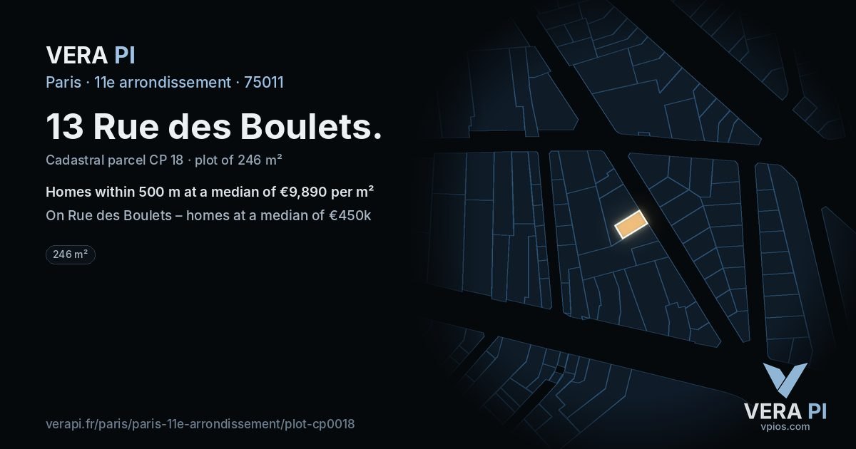 13 Rue des Boulets, 11e arrondissement at night – the plot lit, the parcels around coloured by the prices near them