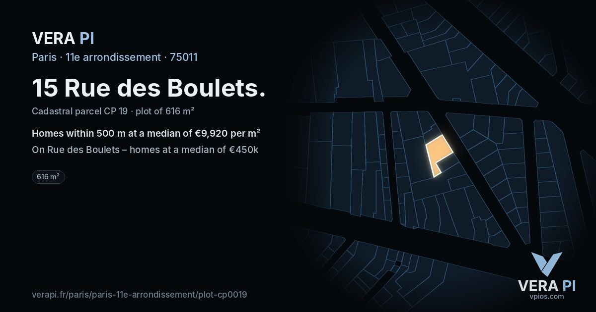 15 Rue des Boulets, 11e arrondissement at night – the plot lit, the parcels around coloured by the prices near them