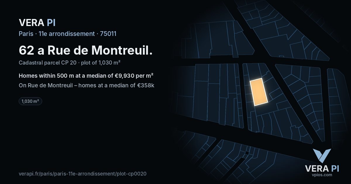 62 a Rue de Montreuil, 11e arrondissement at night – the plot lit, the parcels around coloured by the prices near them