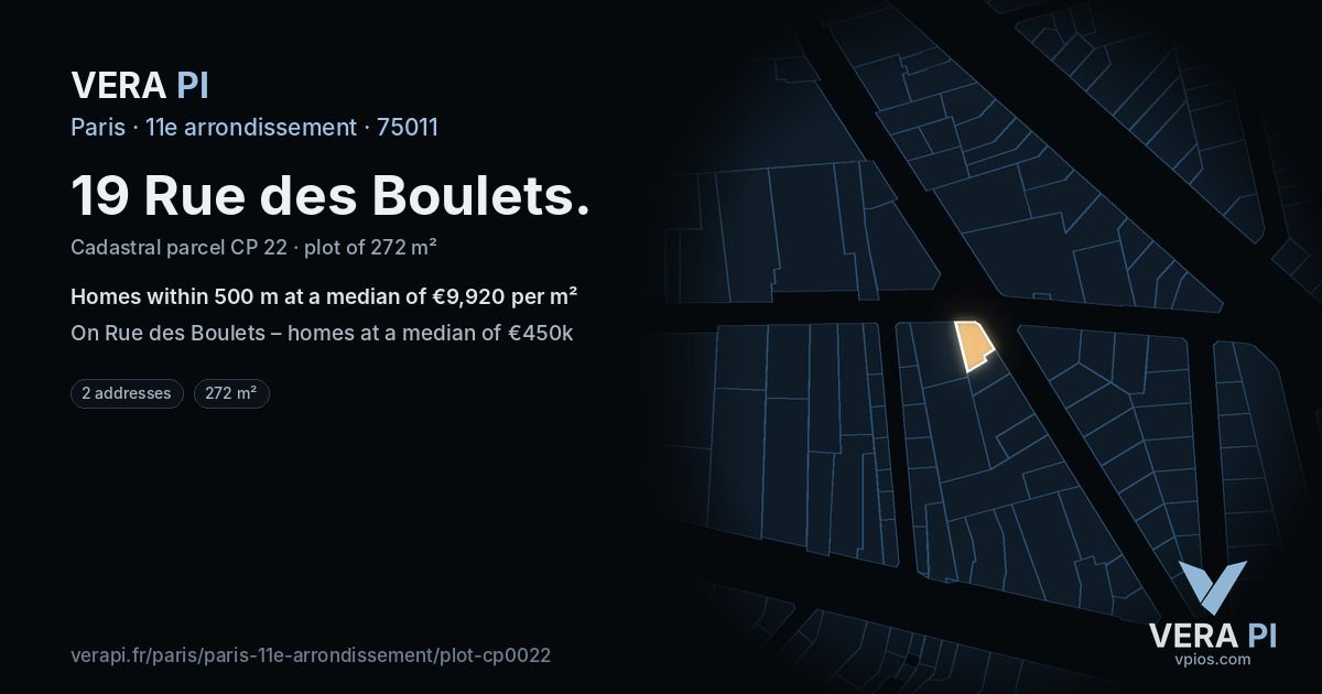 19 Rue des Boulets, 11e arrondissement at night – the plot lit, the parcels around coloured by the prices near them