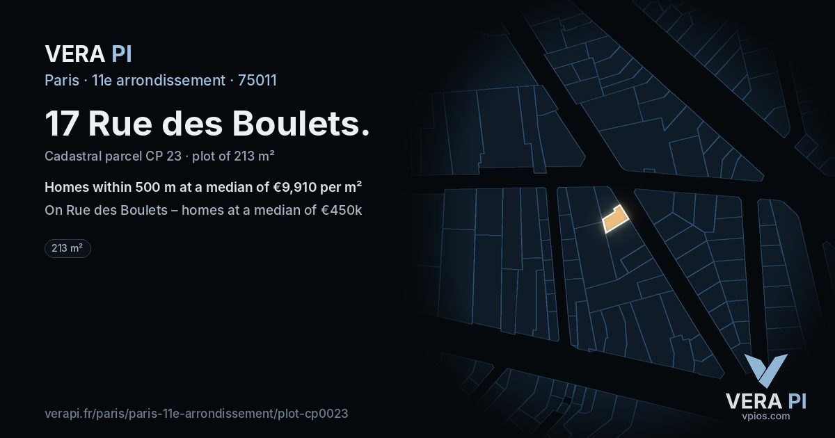17 Rue des Boulets, 11e arrondissement at night – the plot lit, the parcels around coloured by the prices near them