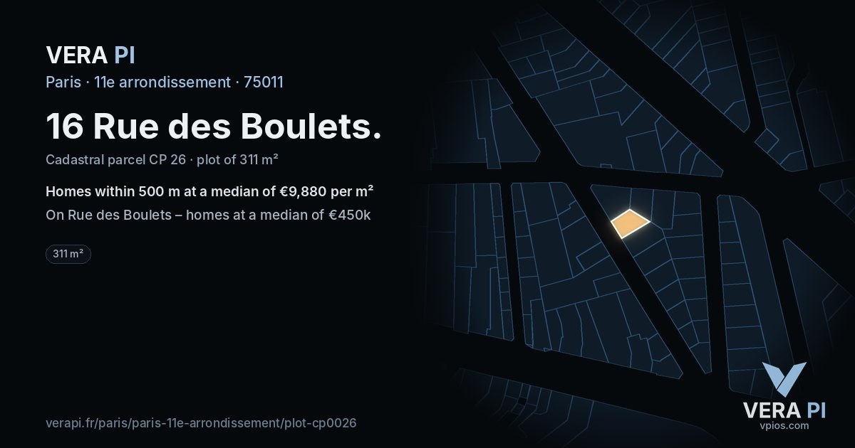 16 Rue des Boulets, 11e arrondissement at night – the plot lit, the parcels around coloured by the prices near them