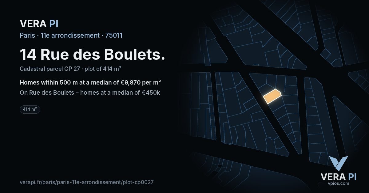 14 Rue des Boulets, 11e arrondissement at night – the plot lit, the parcels around coloured by the prices near them