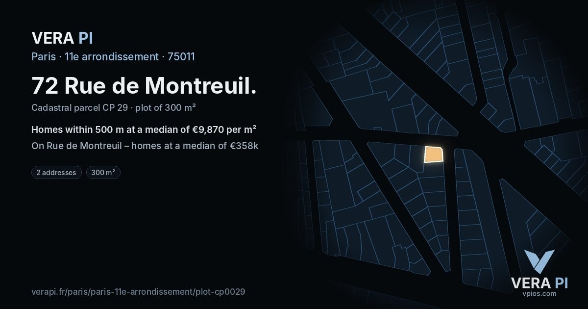 72 Rue de Montreuil, 11e arrondissement at night – the plot lit, the parcels around coloured by the prices near them