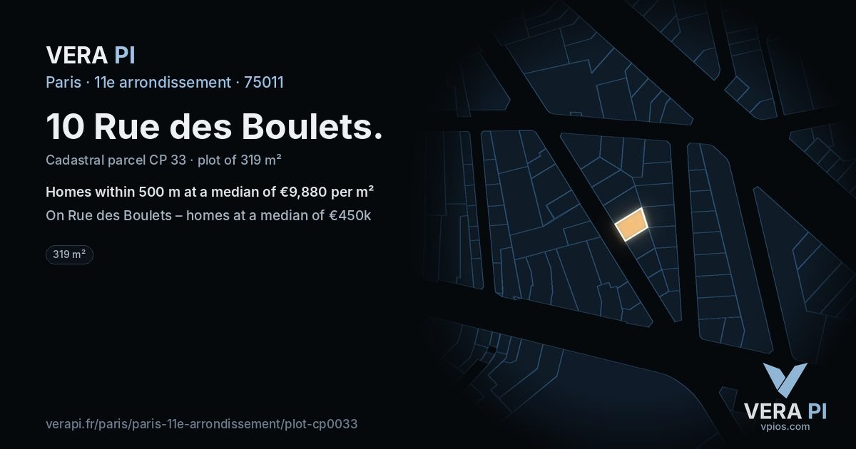 10 Rue des Boulets, 11e arrondissement at night – the plot lit, the parcels around coloured by the prices near them