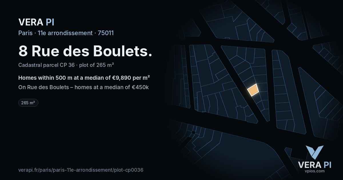 8 Rue des Boulets, 11e arrondissement at night – the plot lit, the parcels around coloured by the prices near them