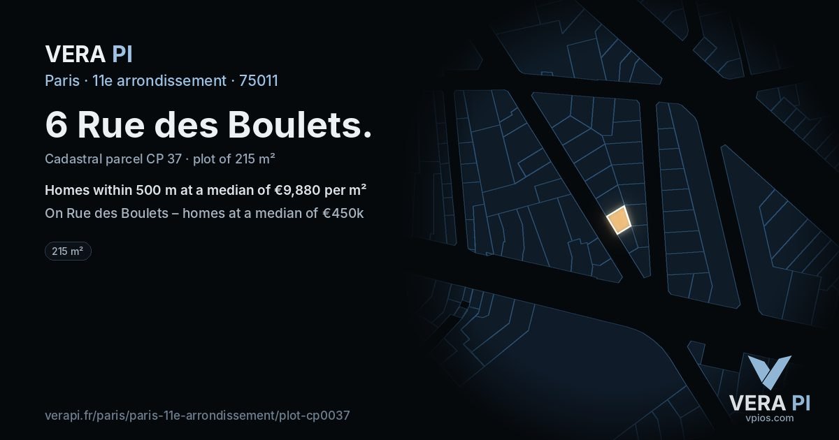 6 Rue des Boulets, 11e arrondissement at night – the plot lit, the parcels around coloured by the prices near them