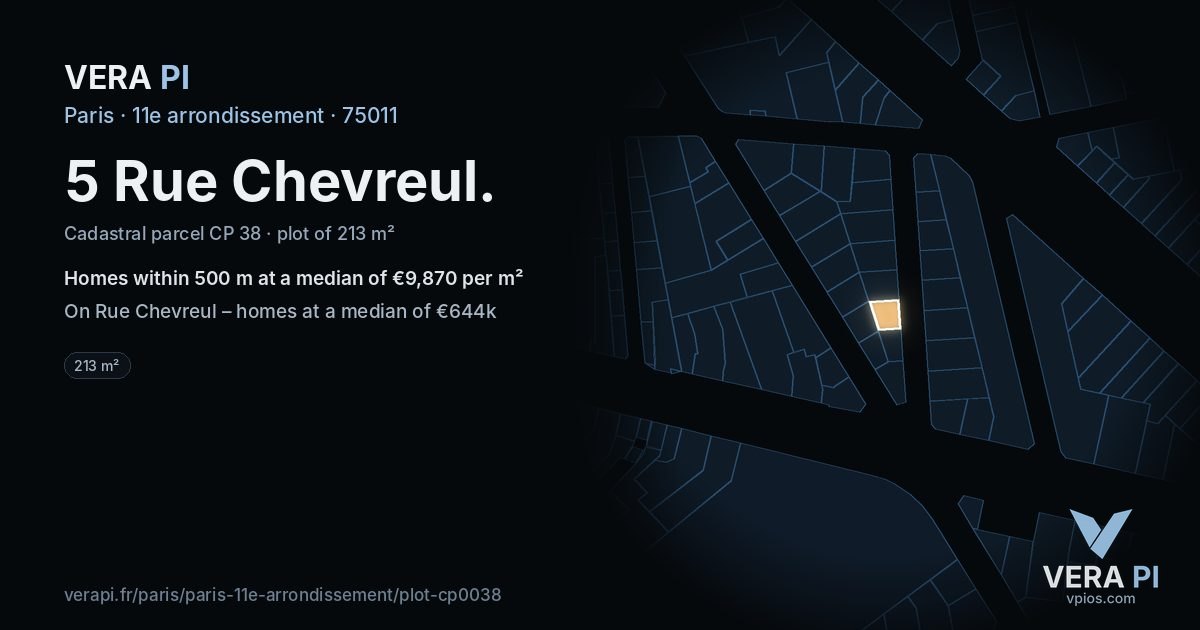 5 Rue Chevreul, 11e arrondissement at night – the plot lit, the parcels around coloured by the prices near them
